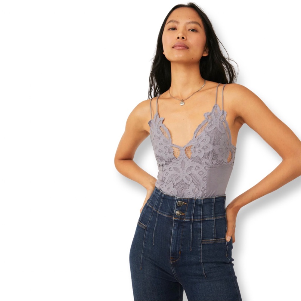 New Free People Adella Lace Trim Bodysuit In Slate
